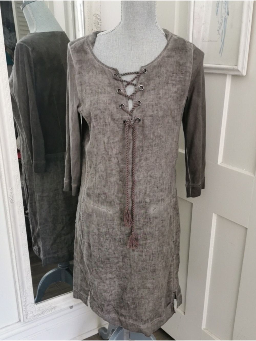 Women’s  Sandwich 100% Linen Grey Lace-Up Tunic Dress Bohochic Beachy. Size 36 6